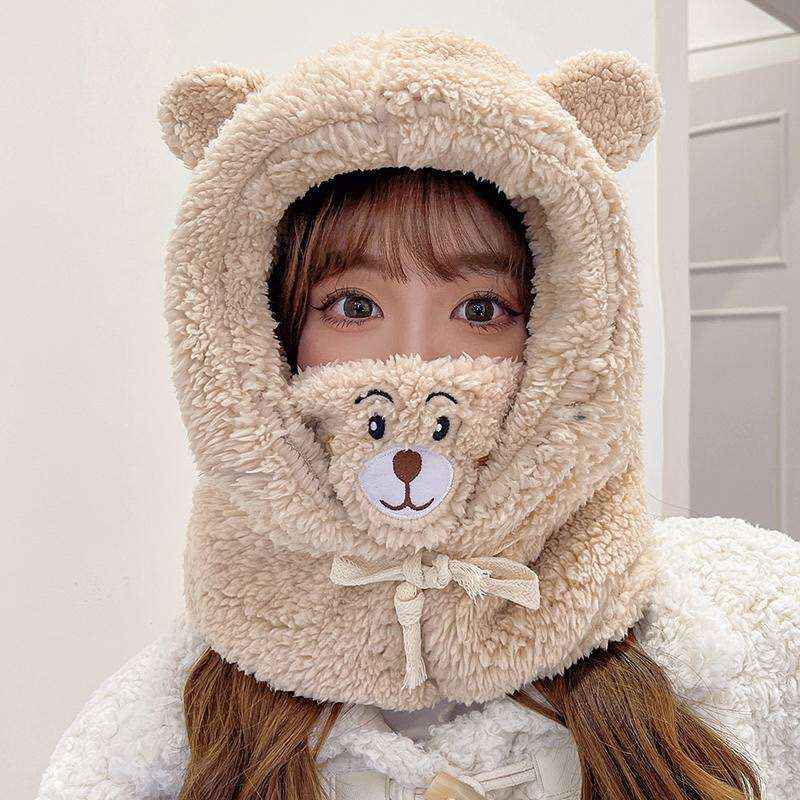 Winter Hat Color Bear Mask Cap  White