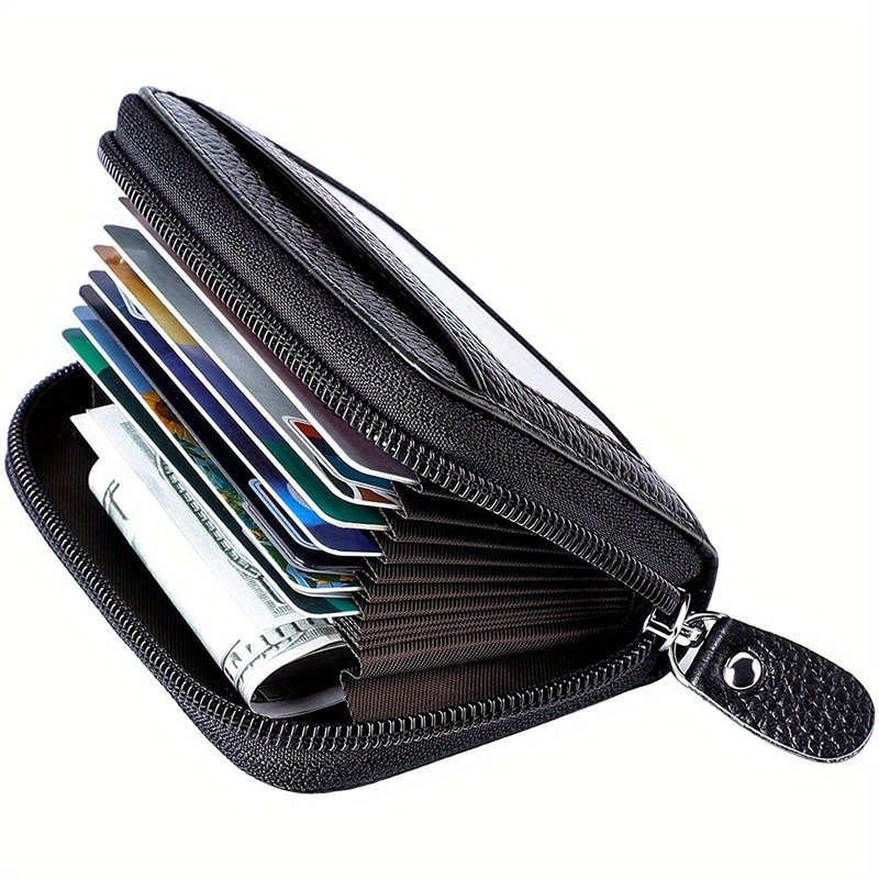 1pc Compact RFID Blocking Zipper WalletGenuine Faux Leather Credit Card Holder with 12 Secure Sl