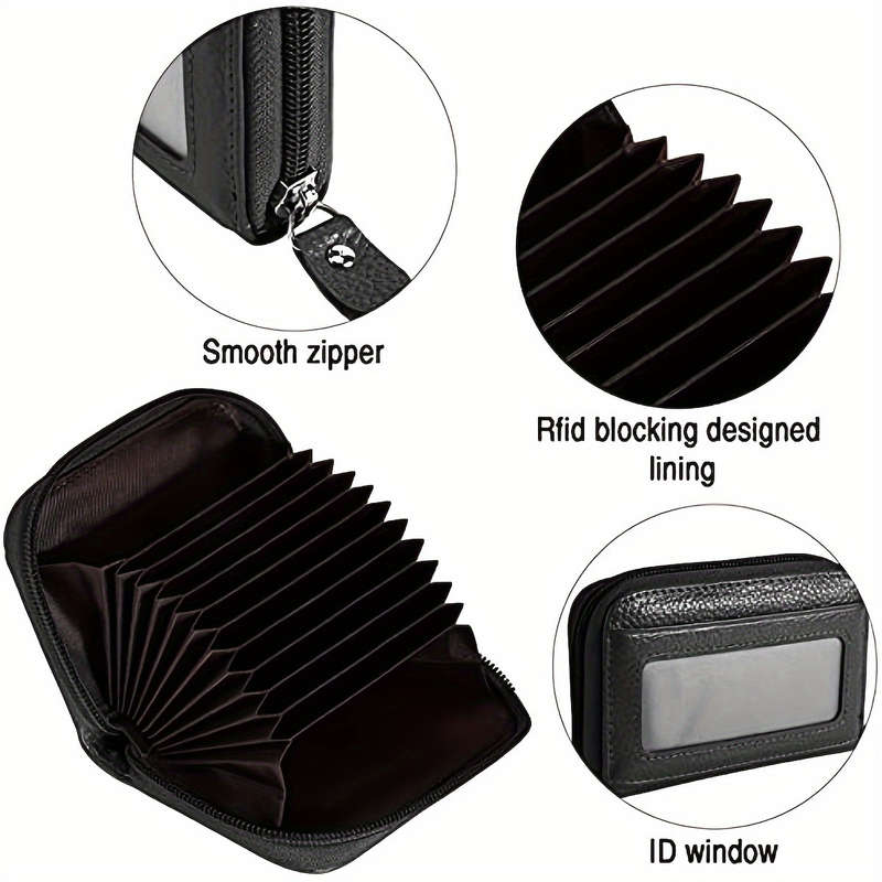 1pc Compact RFID Blocking Zipper WalletGenuine Faux Leather Credit Card Holder with 12 Secure Sl