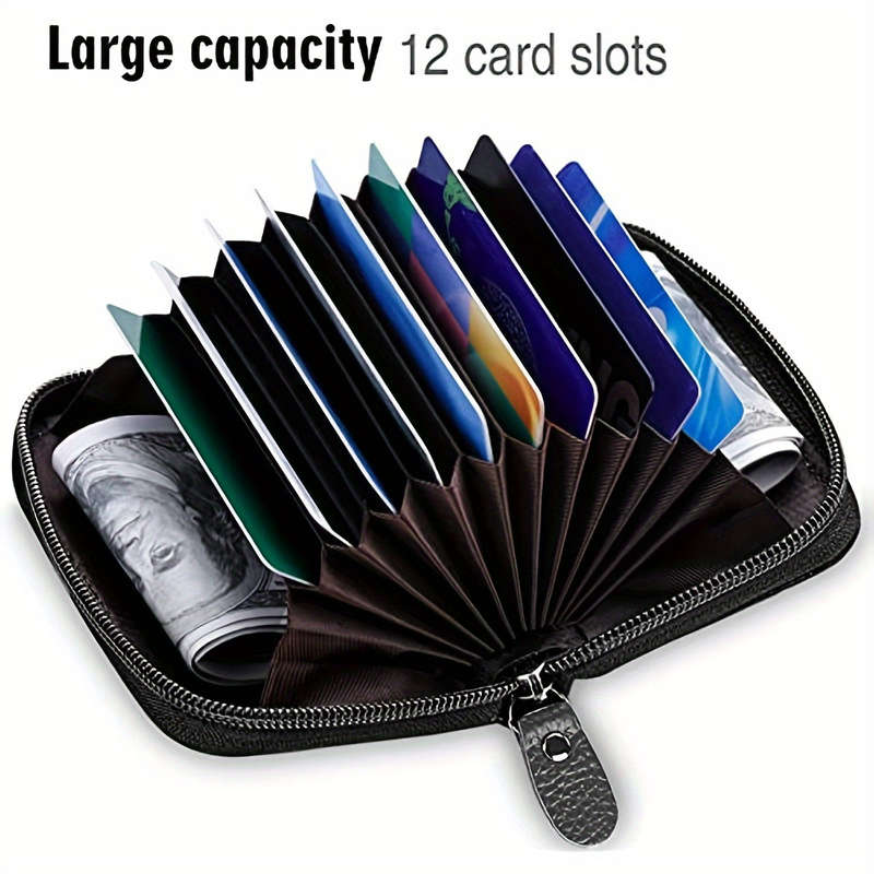 1pc Compact RFID Blocking Zipper WalletGenuine Faux Leather Credit Card Holder with 12 Secure Sl