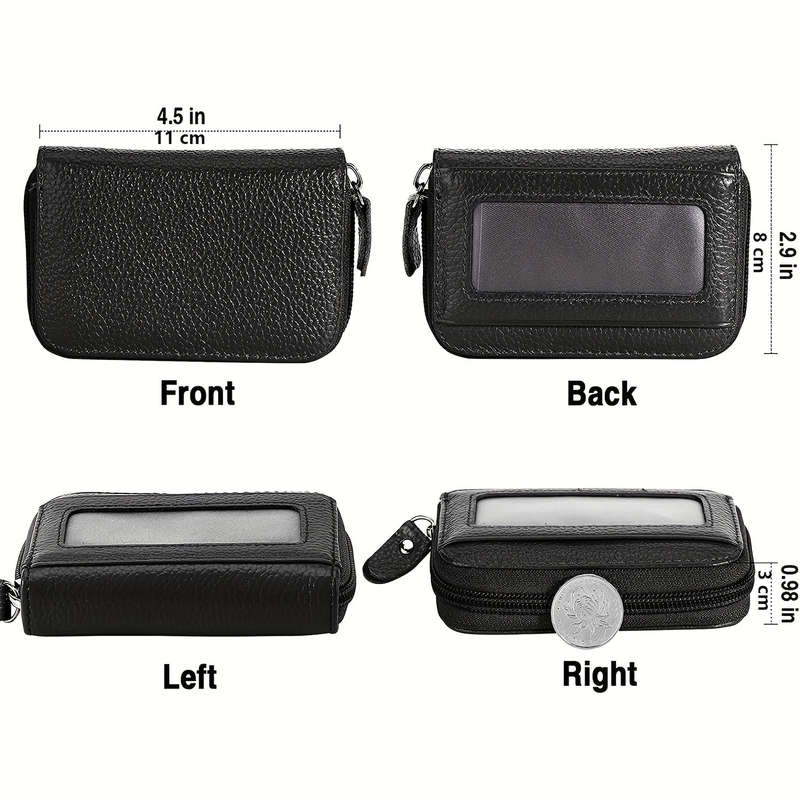 1pc Compact RFID Blocking Zipper WalletGenuine Faux Leather Credit Card Holder with 12 Secure Sl