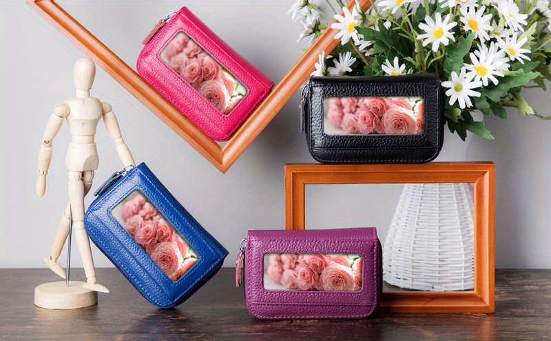 1pc Compact RFID Blocking Zipper WalletGenuine Faux Leather Credit Card Holder with 12 Secure Sl