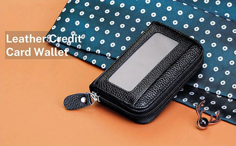 1pc Compact RFID Blocking Zipper WalletGenuine Faux Leather Credit Card Holder with 12 Secure Sl