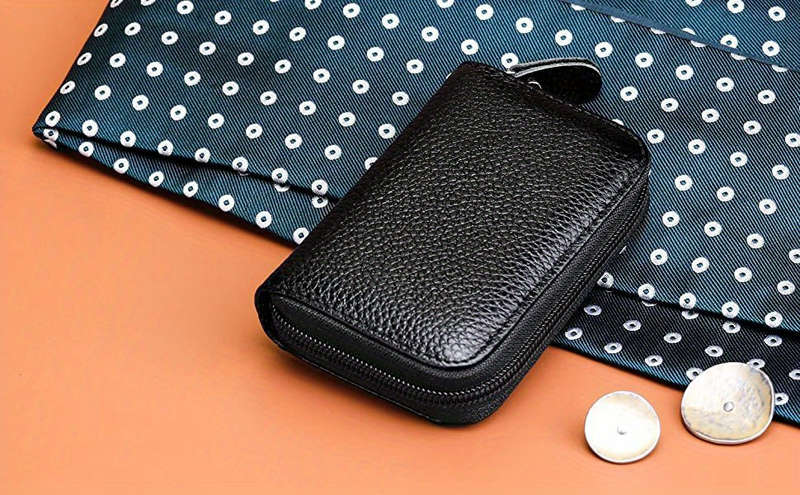 1pc Compact RFID Blocking Zipper WalletGenuine Faux Leather Credit Card Holder with 12 Secure Sl