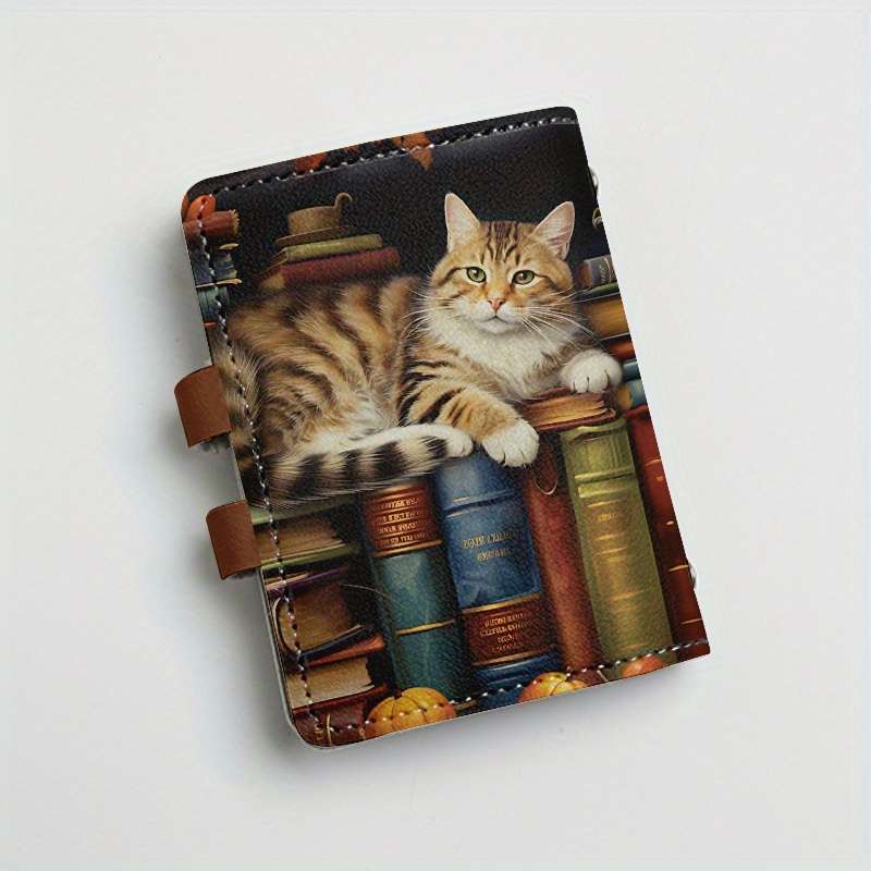 1pc Vintage Bookshelf Cat Print Slim Card Holder with 24 Slots Stylish Synthetic Leather Credit C