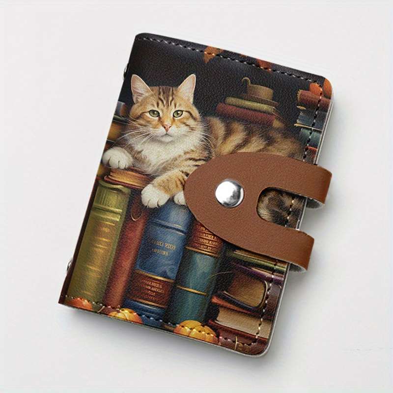 1pc Vintage Bookshelf Cat Print Slim Card Holder with 24 Slots Stylish Synthetic Leather Credit C