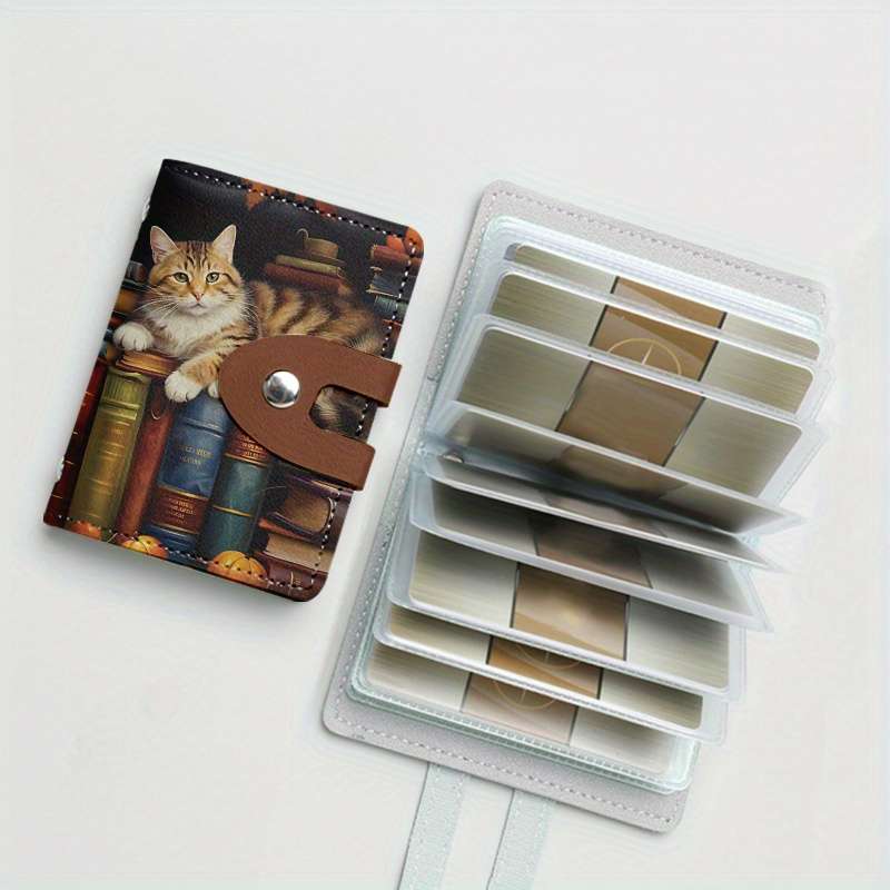 1pc Vintage Bookshelf Cat Print Slim Card Holder with 24 Slots Stylish Synthetic Leather Credit C