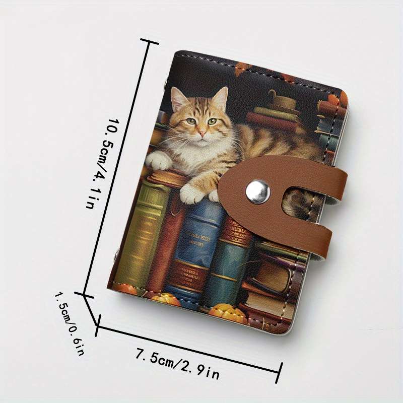 1pc Vintage Bookshelf Cat Print Slim Card Holder with 24 Slots Stylish Synthetic Leather Credit C