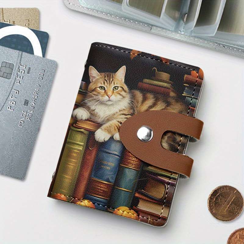 1pc Vintage Bookshelf Cat Print Slim Card Holder with 24 Slots Stylish Synthetic Leather Credit C