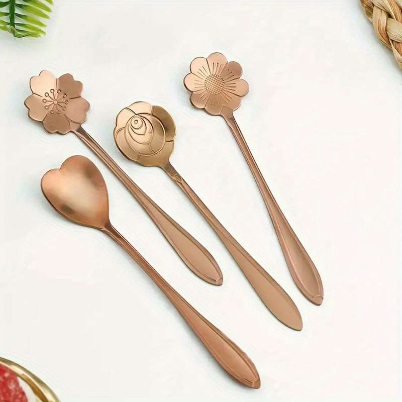 4pcs Premium Flower-Shaped Tea Spoon Set Durable Stainless Steel Construction Ergonomic Desi