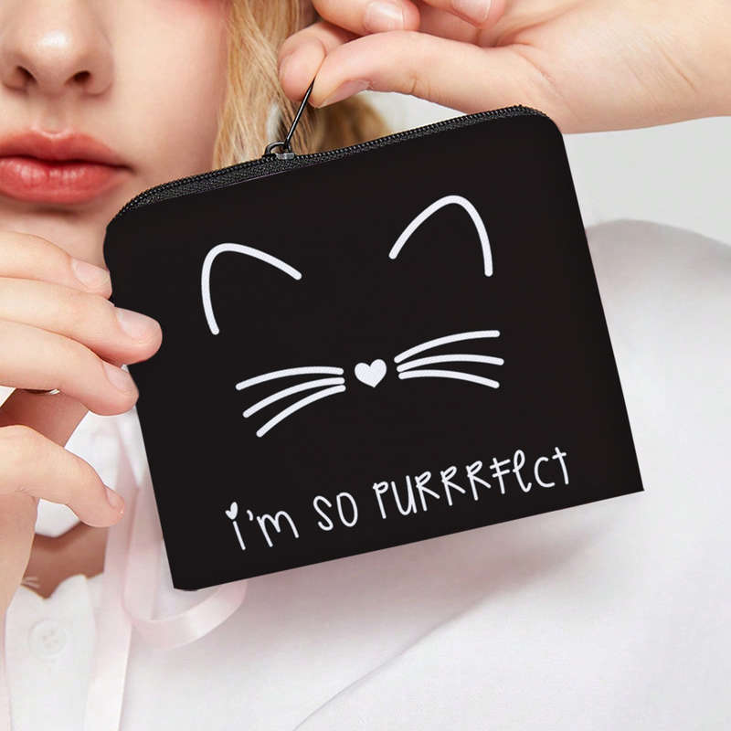 1pc Ladies' Portable Polyester Coin Purse with Digital Print of a Black Cat Multifunctional Key An