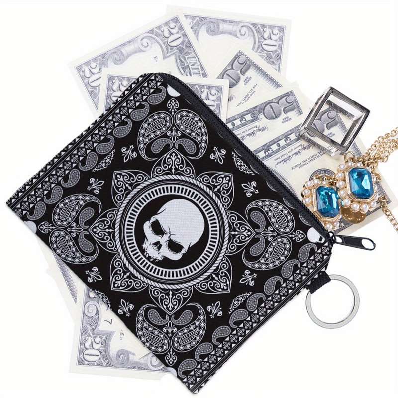 1pc Women'S Polyester Portable Coin Purse with Digital Print Black Transforming Bug and Skull Patte