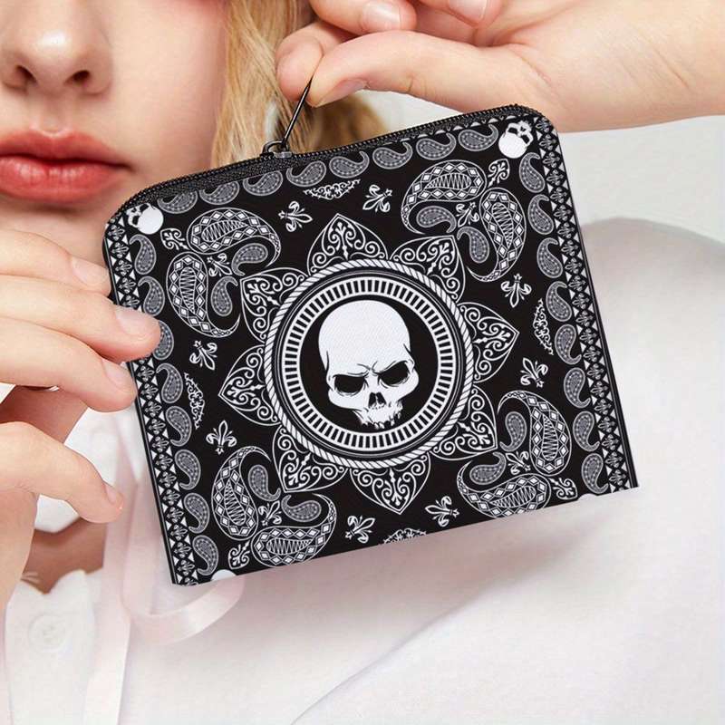 1pc Women'S Polyester Portable Coin Purse with Digital Print Black Transforming Bug and Skull Patte