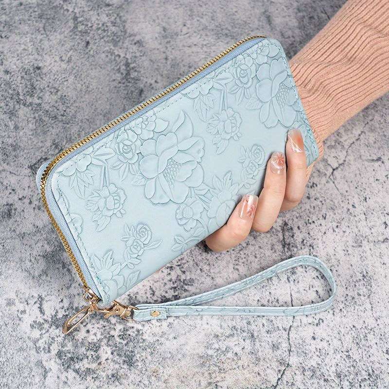 1pc Women'S Long Wallet 2024 New Korean Fashion Style Faux Leather with Wristlet Tribal Embossed