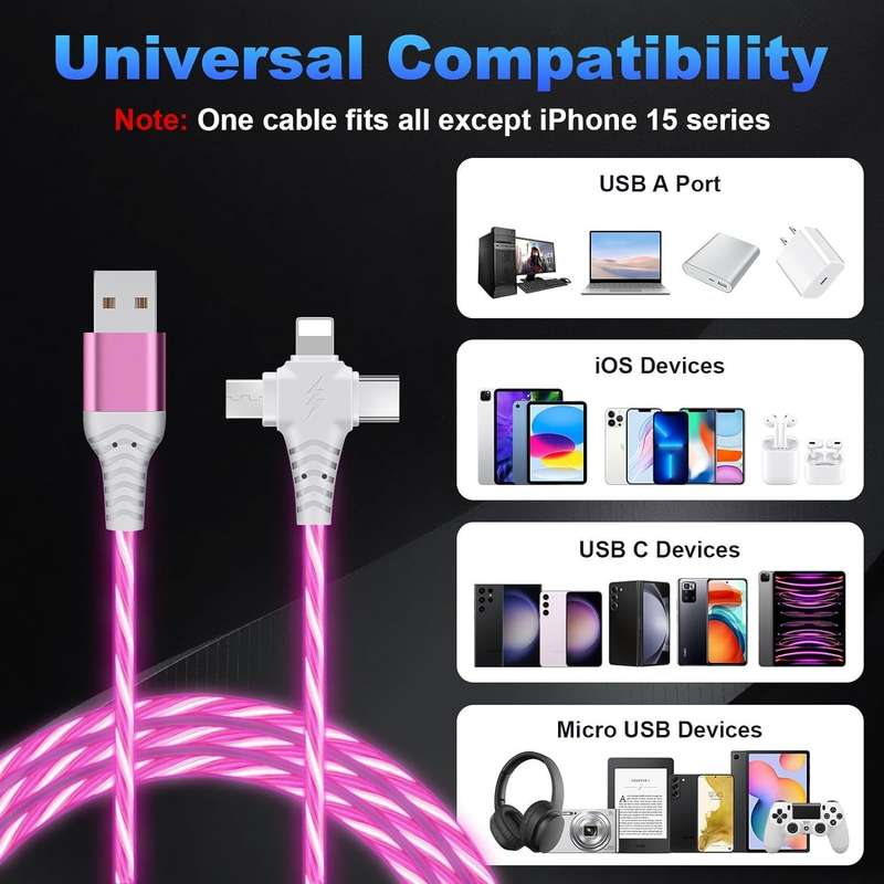 1pc 100cm Light Up USB for iPhone Fast Charging Cable LED Charging Cord USB A Flowing Cord 3I