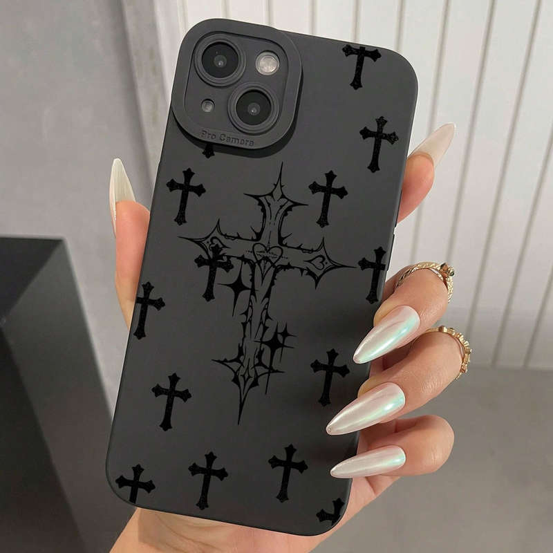 1Pc Black For iPhone 12 Black Crosses Pattern Phone Case