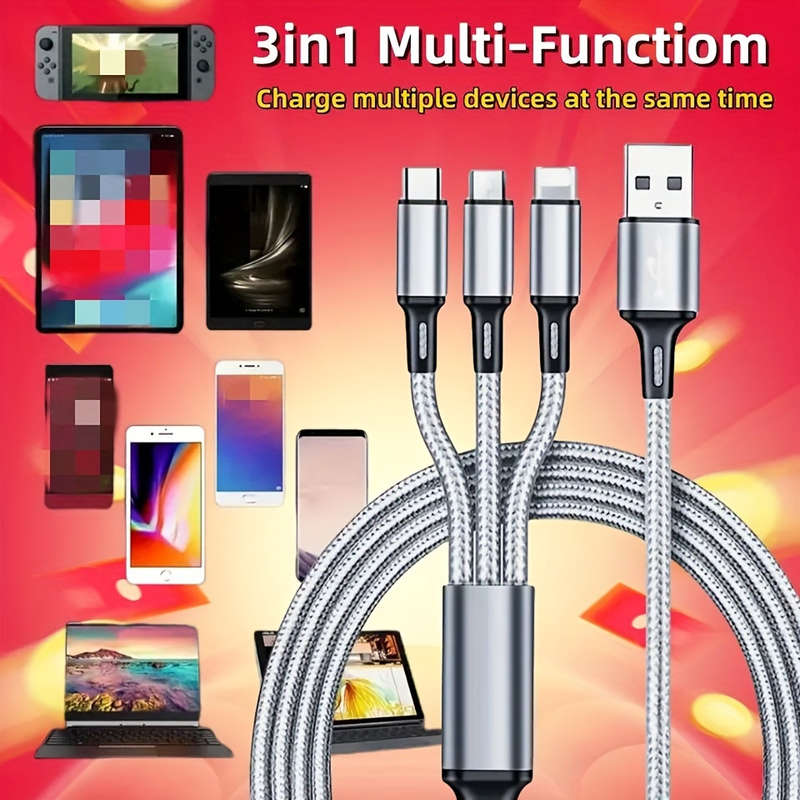 1pc 3-In-1 Charging Cable Portable And Compatible with Ios Type C And Micro USB Ports.