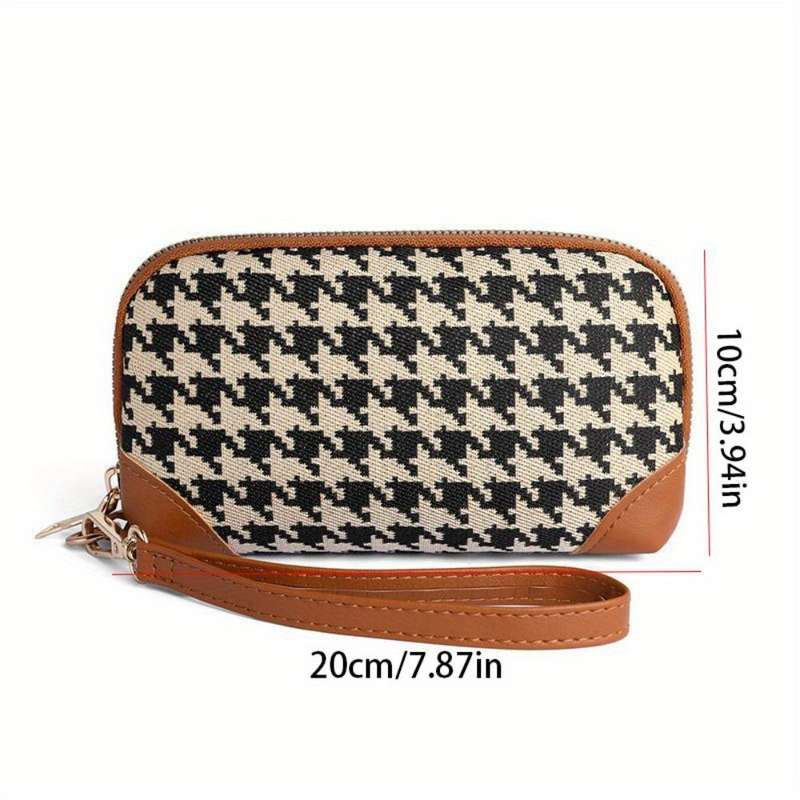 1pc Elegant Canvas Long Style Wallet Portable Printing Houndstooth Zipper Purse with Credit Card C