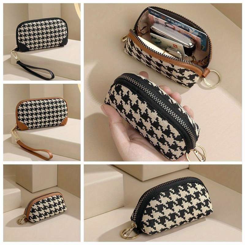 1pc Elegant Canvas Long Style Wallet Portable Printing Houndstooth Zipper Purse with Credit Card C
