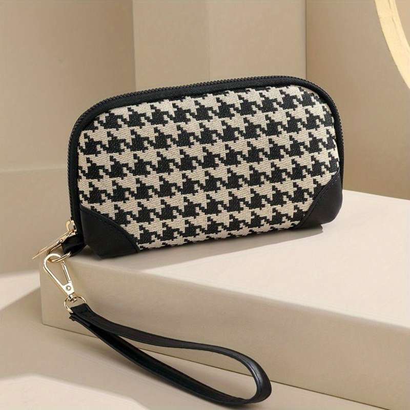 1pc Elegant Canvas Long Style Wallet Portable Printing Houndstooth Zipper Purse with Credit Card C
