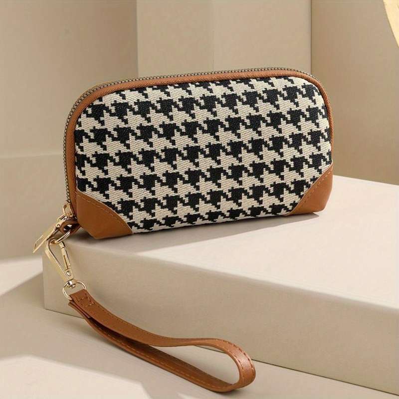 1pc Elegant Canvas Long Style Wallet Portable Printing Houndstooth Zipper Purse with Credit Card C