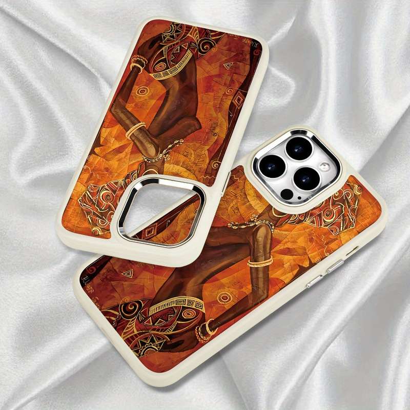 1Pc White For iPhone 14 Pro Max African Figures Pattern Phone Case