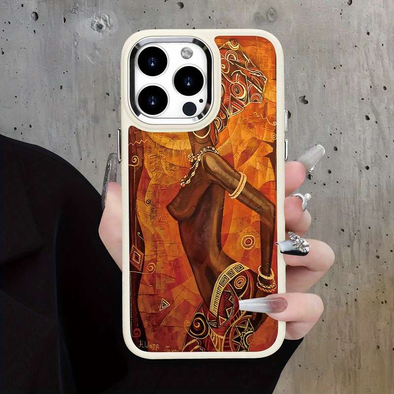 1Pc White For iPhone 14 Pro Max African Figures Pattern Phone Case
