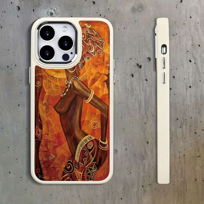 1Pc White For iPhone 14 Pro Max African Figures Pattern Phone Case