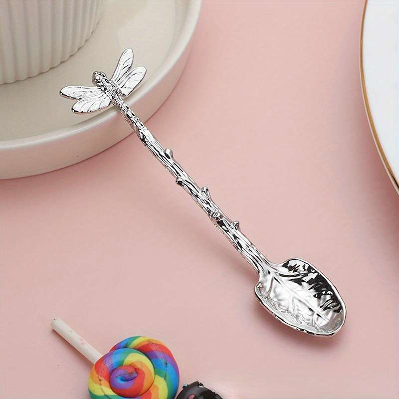 1pc Dessert Spoon In The Shape Of A Leaf With Dragonfly Branches And Leaves For Kitchen And