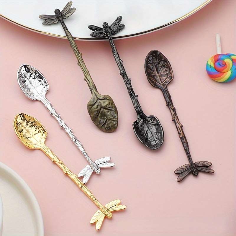 1pc Dessert Spoon In The Shape Of A Leaf With Dragonfly Branches And Leaves For Kitchen And