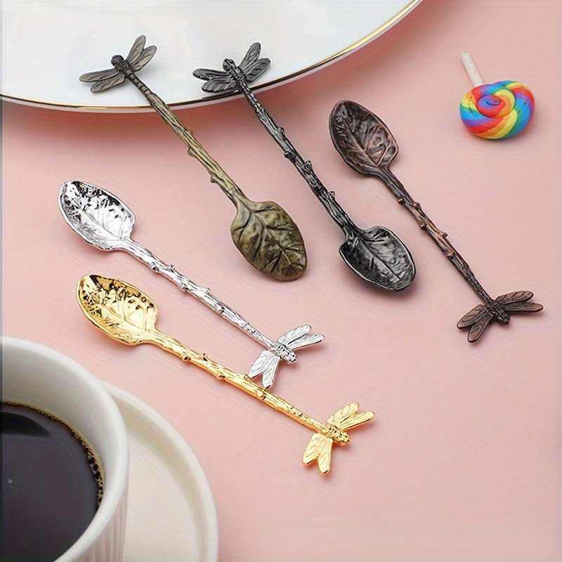 1pc Dessert Spoon In The Shape Of A Leaf With Dragonfly Branches And Leaves For Kitchen And