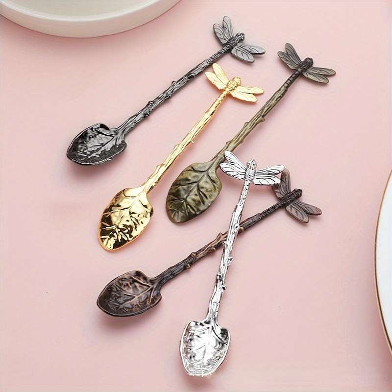 1pc Dessert Spoon In The Shape Of A Leaf With Dragonfly Branches And Leaves For Kitchen And