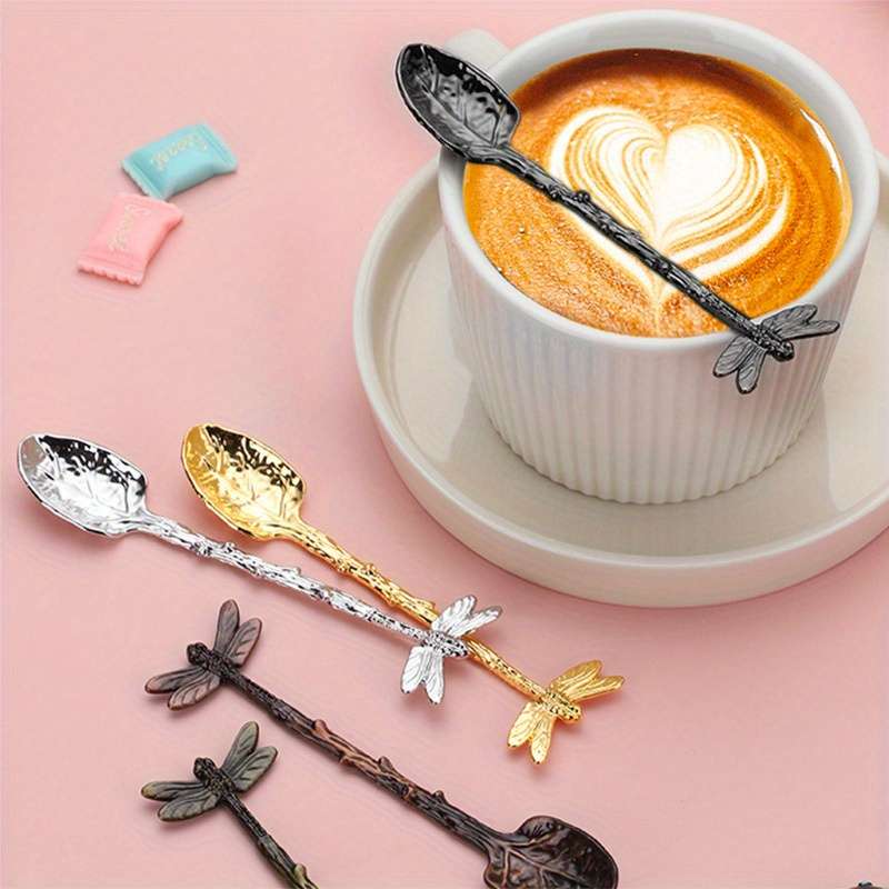 1pc Dessert Spoon In The Shape Of A Leaf With Dragonfly Branches And Leaves For Kitchen And
