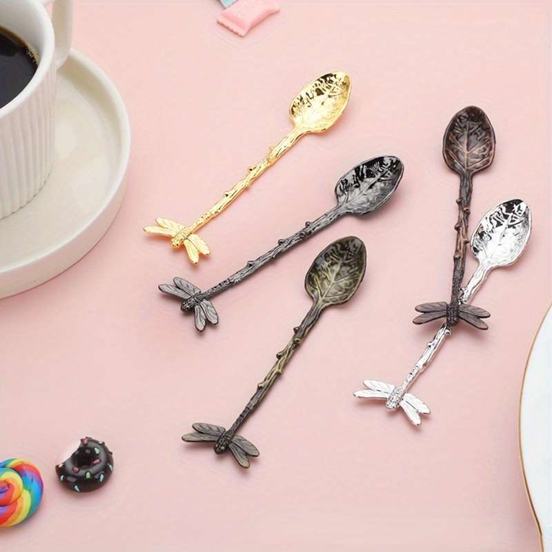 1pc Dessert Spoon In The Shape Of A Leaf With Dragonfly Branches And Leaves For Kitchen And