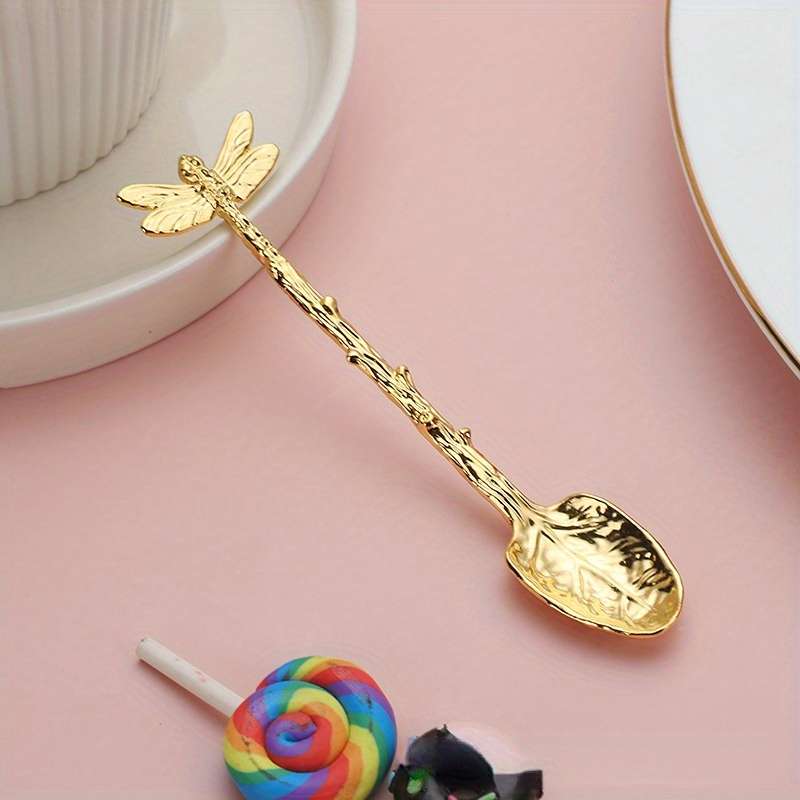 1pc Dessert Spoon In The Shape Of A Leaf With Dragonfly Branches And Leaves For Kitchen And