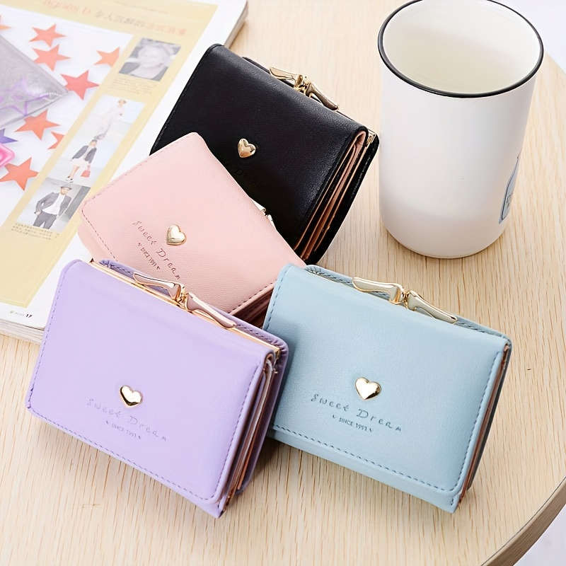 1pc Women's Trifold Heart Accent Mini WalletElegant PU Leather Coin Pouch with Buckle Faux Leat