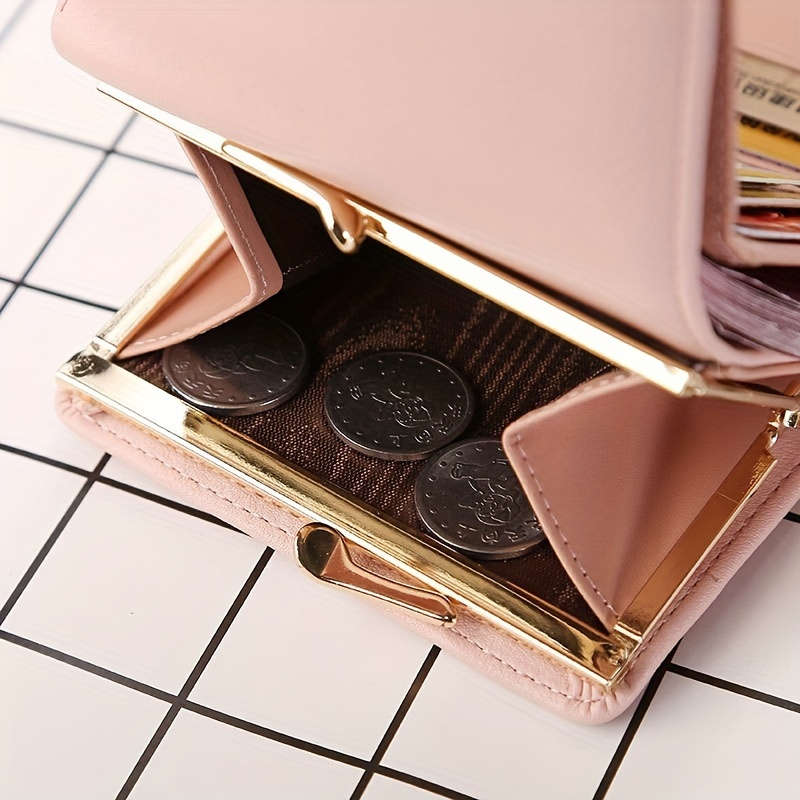 1pc Women's Trifold Heart Accent Mini WalletElegant PU Leather Coin Pouch with Buckle Faux Leat