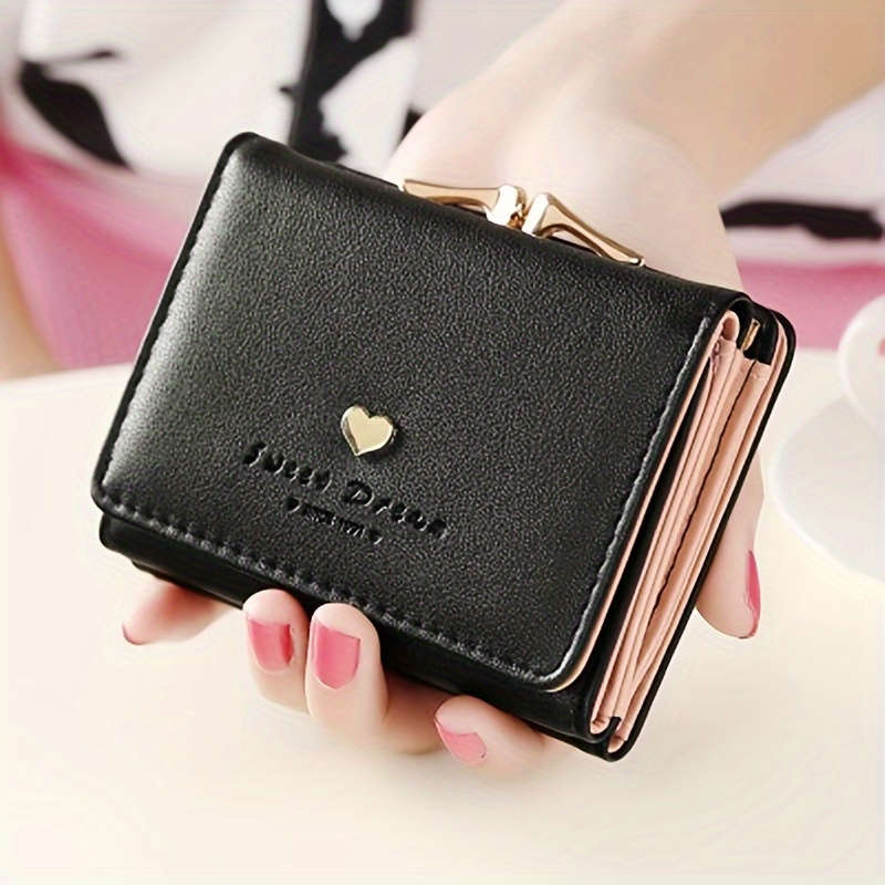 1pc Women's Trifold Heart Accent Mini WalletElegant PU Leather Coin Pouch with Buckle Faux Leat