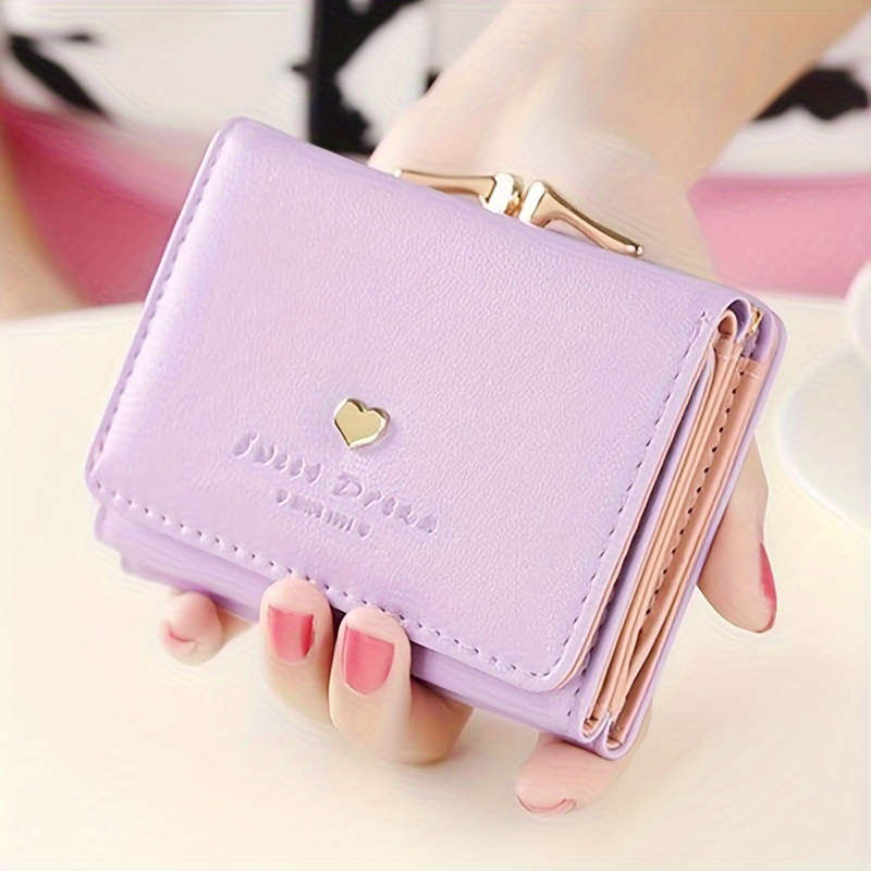 1pc Women's Trifold Heart Accent Mini WalletElegant PU Leather Coin Pouch with Buckle Faux Leat