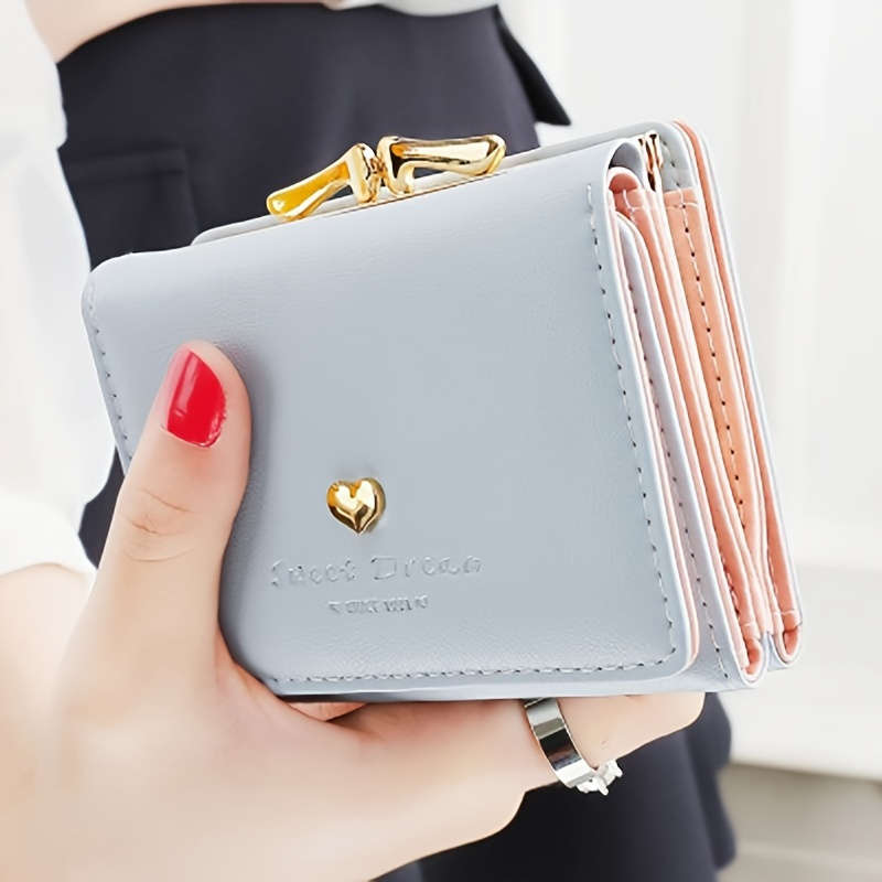 1pc Women's Trifold Heart Accent Mini WalletElegant PU Leather Coin Pouch with Buckle Faux Leat
