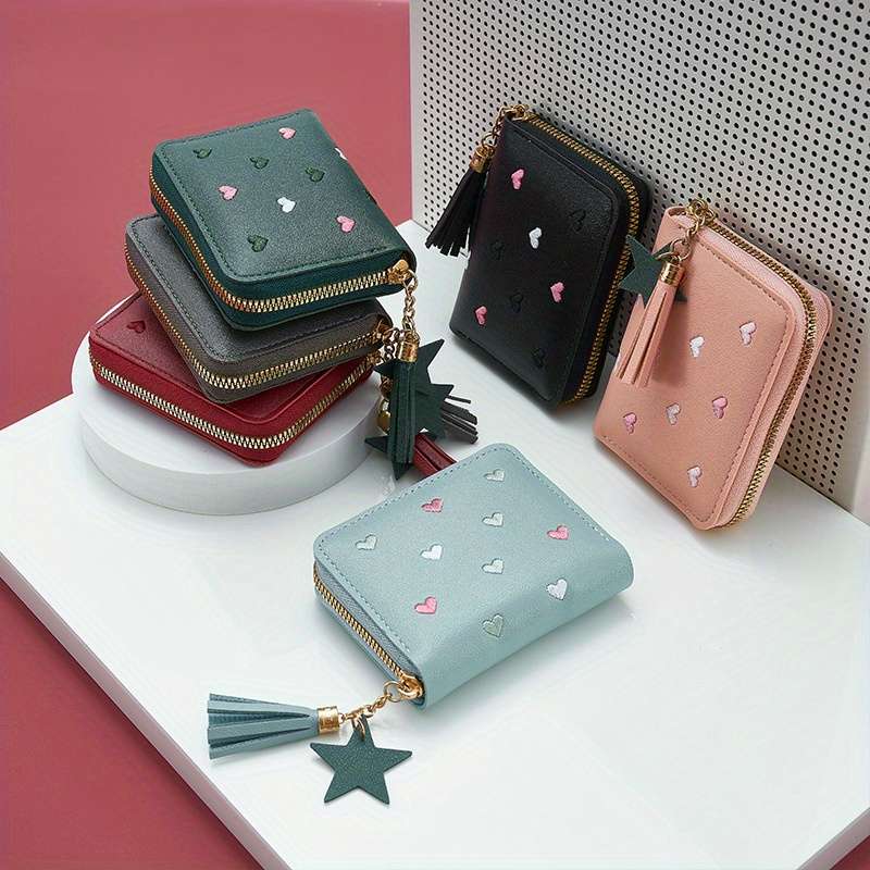 1pc Honey Girl Wallet with Tassel Heart Embroidery Korean Style Cute Women'S Coin Purse Mul