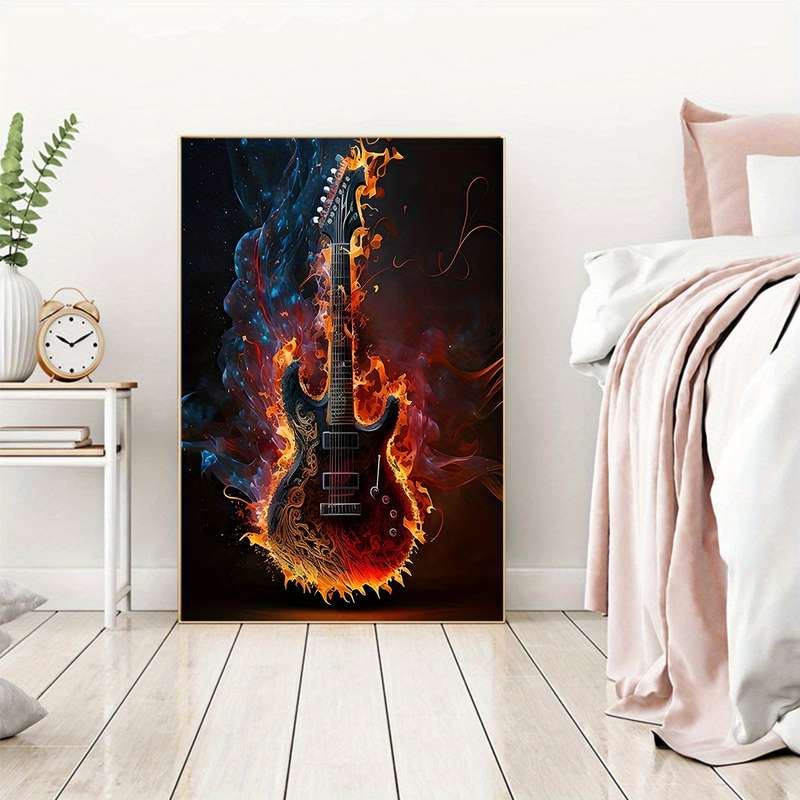 1pc COCBONI Classic Fabric Guitar Wall Art Canvas  Unframed Fire and Ice Guitar Poster for Bed