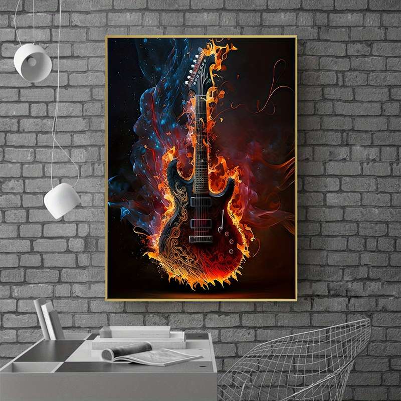 1pc COCBONI Classic Fabric Guitar Wall Art Canvas  Unframed Fire and Ice Guitar Poster for Bed