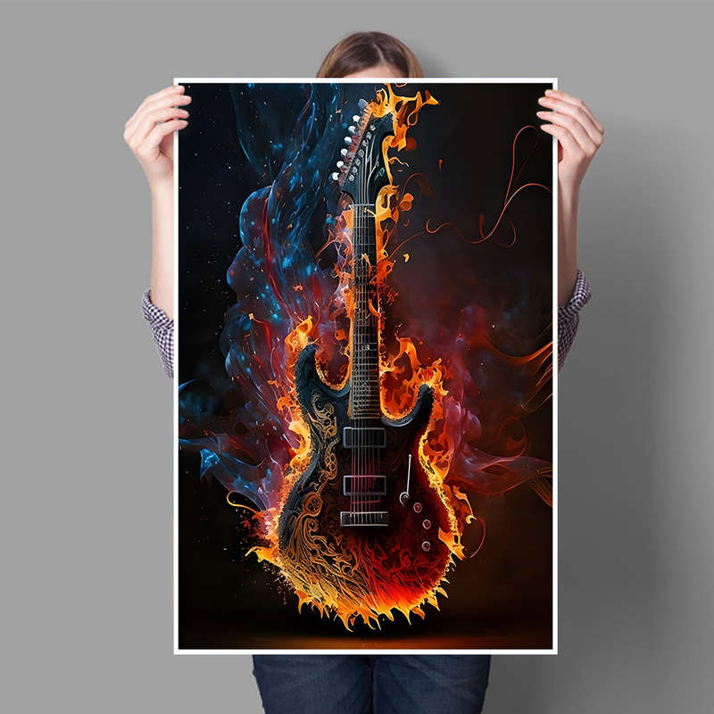 1pc COCBONI Classic Fabric Guitar Wall Art Canvas  Unframed Fire and Ice Guitar Poster for Bed
