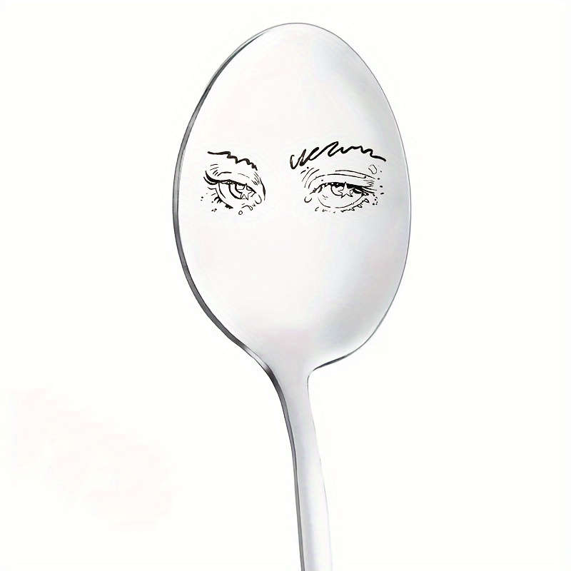 1pc Mirror Polished Stainless Steel Spoon with Eye Carving Fun Coffee Spoon Engraved Spoon I