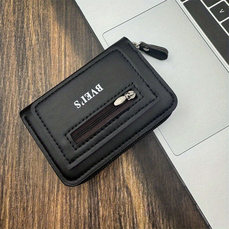 1pc Slim Faux Leather Credit Card Holder Wallet with Zipper Closure Anti-Theft RFID Blocking