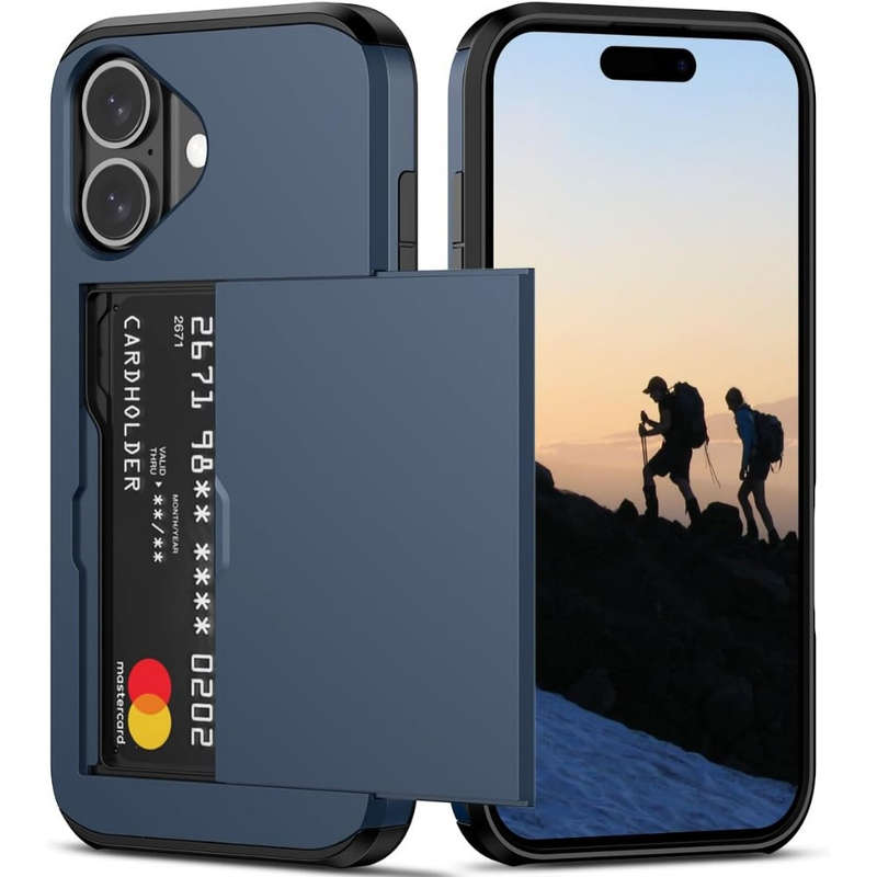 1Pc Blue For iPhone 16 Plus Card Slots Cover Phone Case