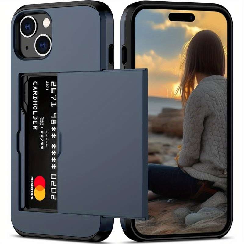 1Pc Blue For iPhone 16 Plus Card Slots Cover Phone Case