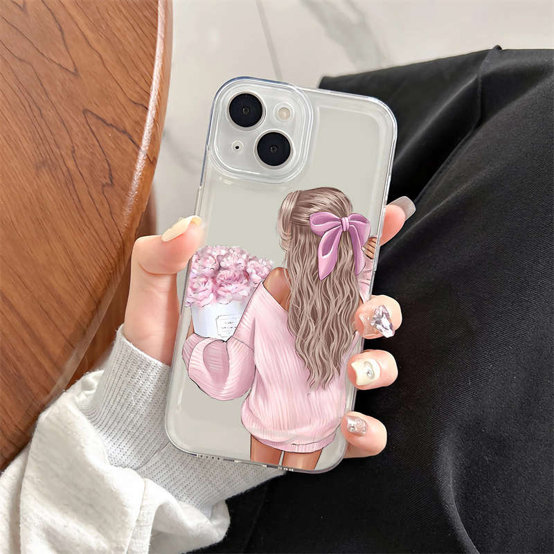 1Pc Mixed Color  For iPhone 14 Plus Pink Beauty Pattern Phone Case