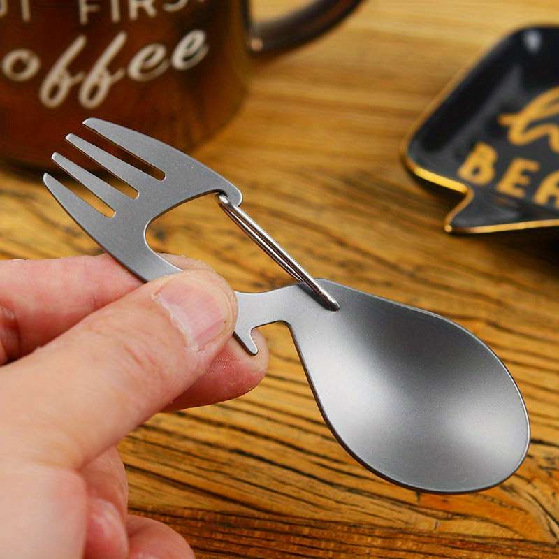 1pc Stainless Steel 3in1 Camping Utensil Fork Spoon Bottle Opener with Carabiner Clip for